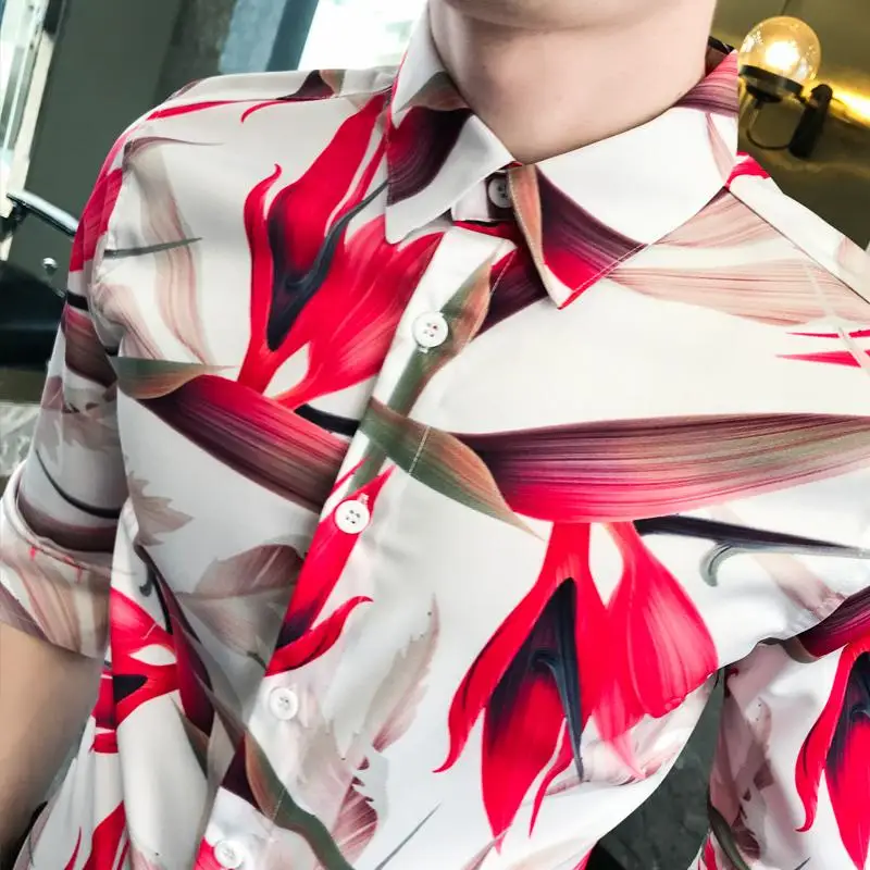 Социальные Для мужчин рубашка цветок Camisa masculina Половина рукава Цветочные Для мужчин s рубашки Гавайский Стиль Летняя блузка Для мужчин