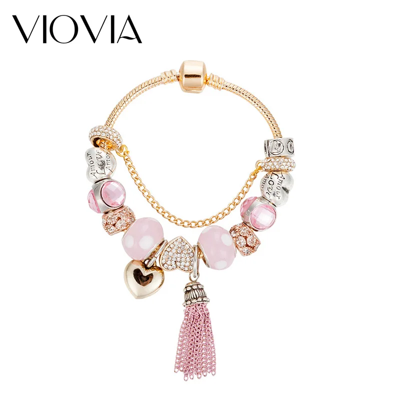 VIOVIA 2019 оригинальные браслеты розовый кристалл сердце бисер кисточка Шарм