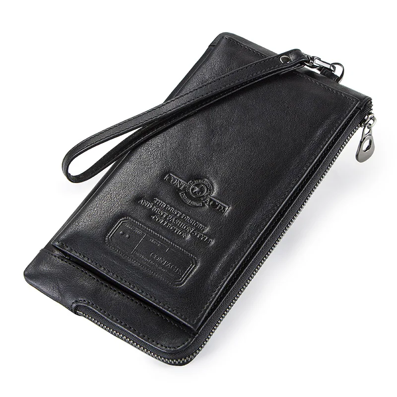 Black Мужской кошелек клатч из натуральной кожи брендовый Rfid кошелек Мужской органайзер Чехол-клатч для сотового телефона Длинный кошелек для монет гравировка - Цвет: Black