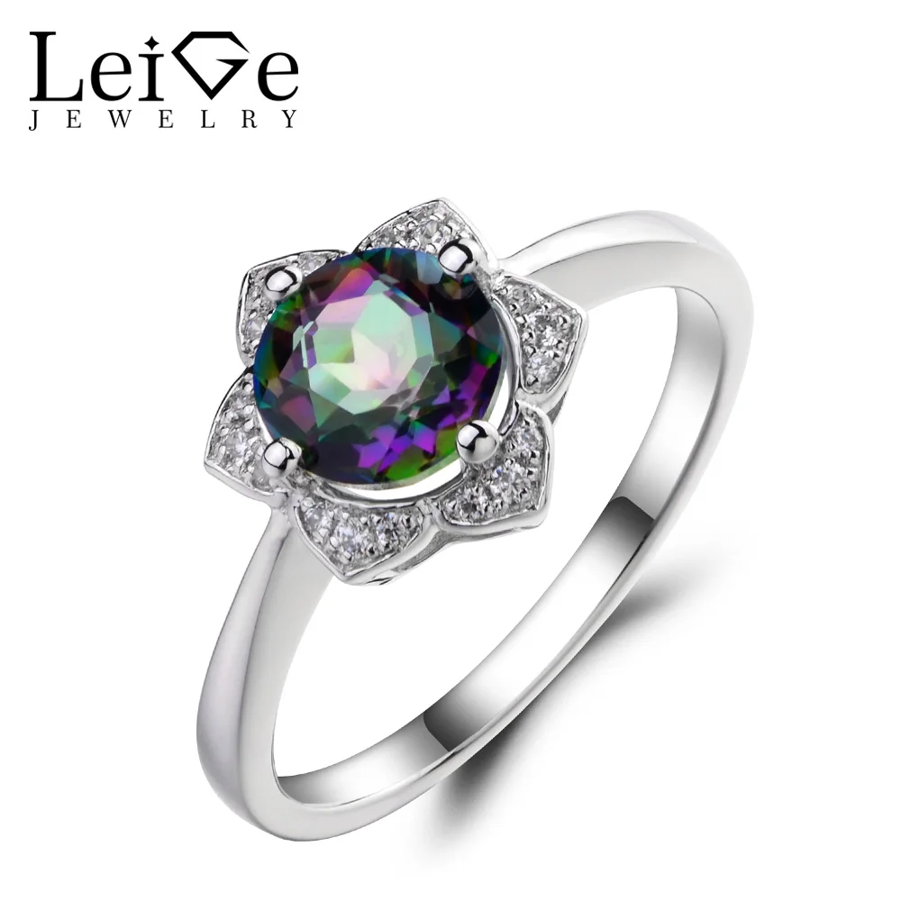 

Leige Jewelry Mystic Topaz Promise Wedding Rings 925 Sterling Silver Ring Round Cut Gemstone November Birthstone Rings for Women
