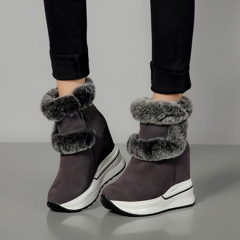 

WETKIS Cow Suede Insert Women Ankle Boots Round Toe Wedges Footwear Casual Female Fur Snow Boots Antiskid Platform Shoes Woman