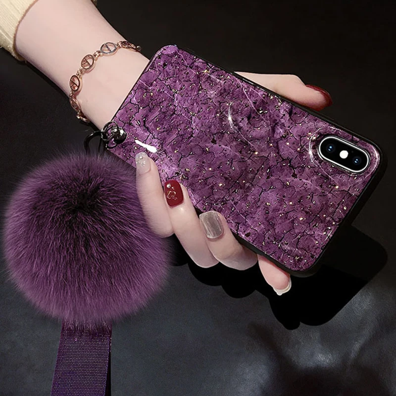 Purple Fox Fur Pendant Phone Case For iPhone XS Max XR 6 6S 7 8 Plus X Hot Cracked Marble Soft IMD Back Cover |
