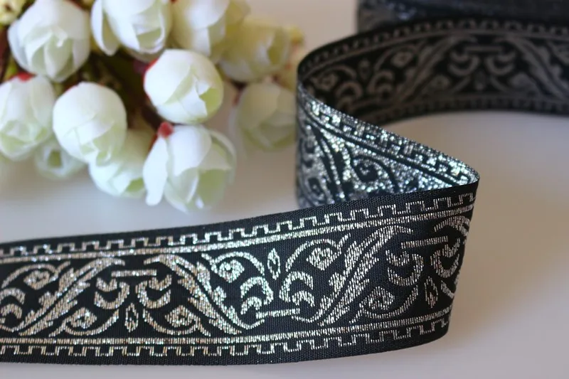 Тканая жаккардовая лента 3 см черный фон серебристый рисунок 10 ярдов/партия | Дом
