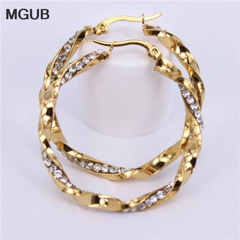 MGUB диаметр 30 мм-40 мм хрустальные круглые серьги-кольца Витой Золотой Цвет для женщин вечерние высокое качество LH564