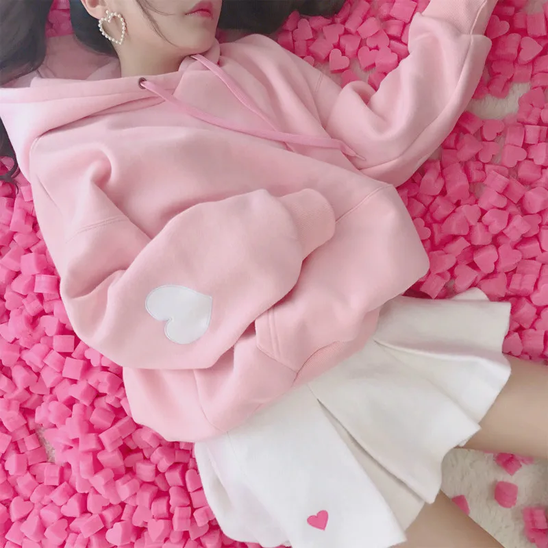 Harajuku модные бархатные Для женщин толстовки милые сердцу Форма вышивка студент