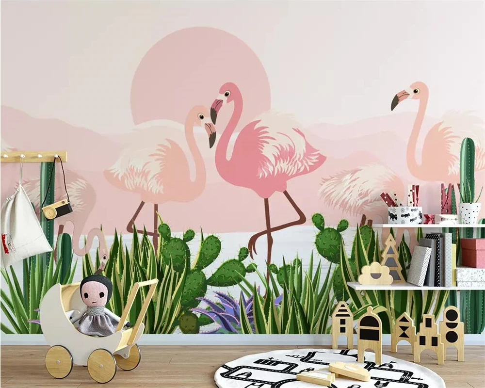 

Beibehang Custom wallpaper hand drawn tropical plants flamingo cactus TV background wall paper living room bedroom 3d wallpaper