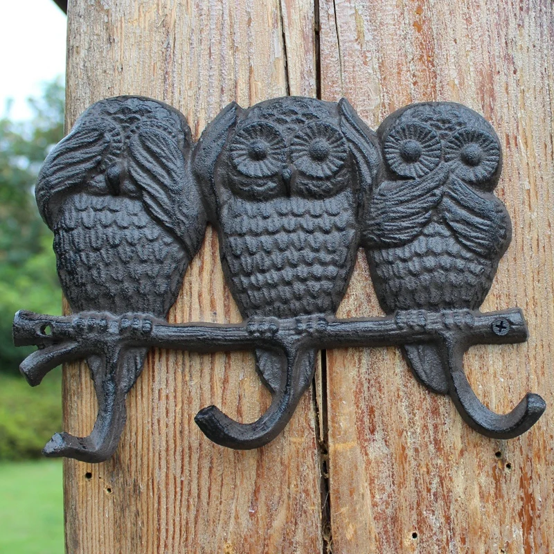 

Antique Black Three Owls Cast Iron Wall Hook With 3 Hangers Don't Want See Nor Listen Or Say Home Garden Decor Animal Figurines