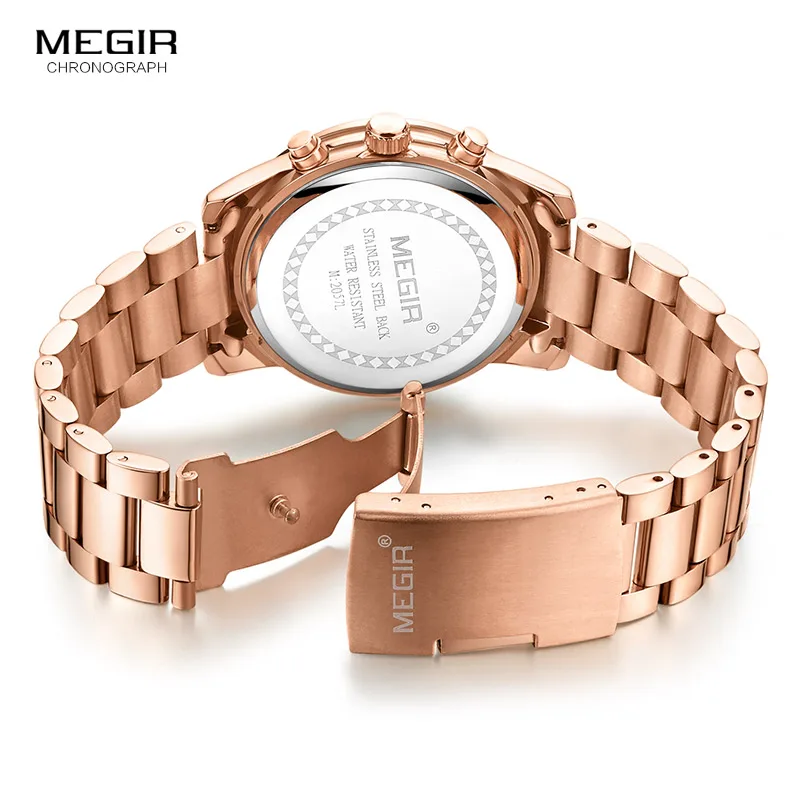 

Megir Woman's Chronograph Quartz Watch with Gold Stainless Steel Bracelete 24 Hours Calendar Display Wristwatch for Ladies 2057