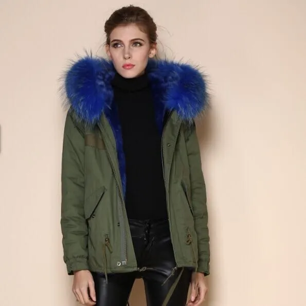 Winter Military Green Womens Dark Blue Faux Fur Lined Short Jacket Ladies Raccoon Hooded Parka Coat 2017 Wholesale | Женская одежда