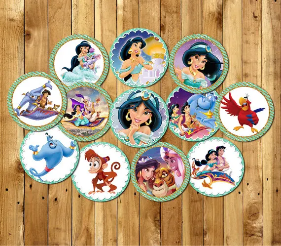 Princess Jasmine Party Circles Sticker Birthday Decorations Kids for Candy Tag Goodie Bag Toppers | Дом и сад