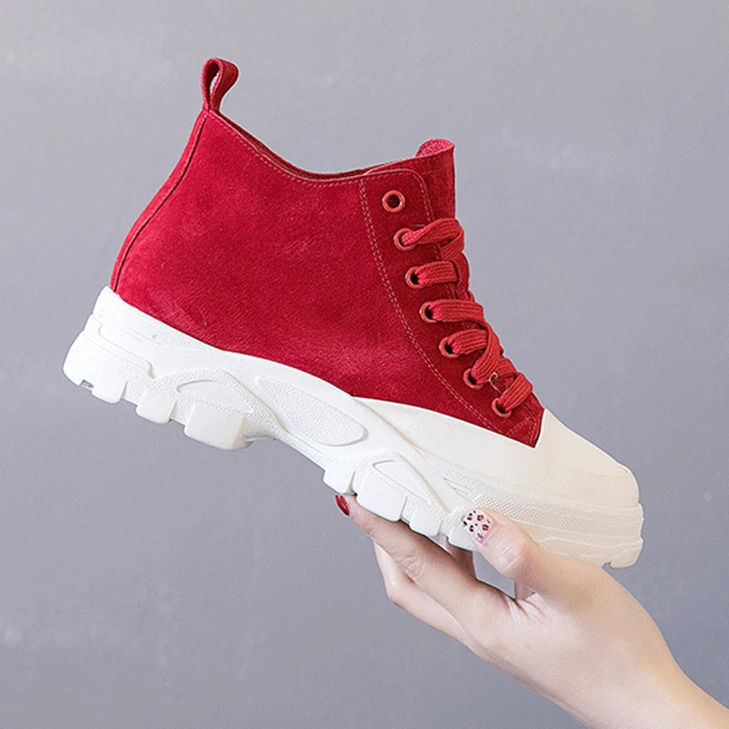 

Women's Chunky Sneakers 2019 Spring Autumn Genuine Leather Black Sneakers For Woman Shoes Casual Lace up Female Autumn Sneaker