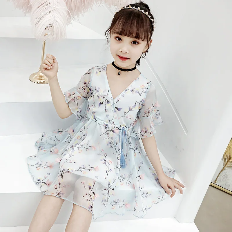 Kids Dresses for Girls 2019 Summer Dress Toddler Children V-neck Chiffon 2 3 4 5 6 7 8 9 10 11 12 13 Years | Детская одежда и