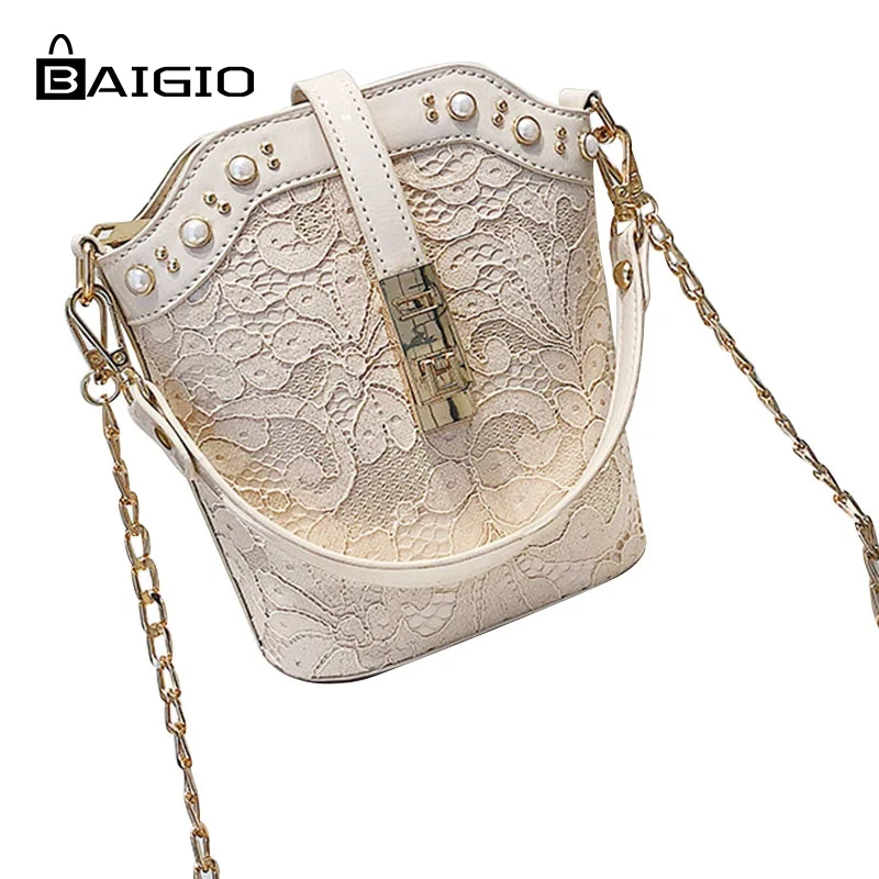 BAIGIO Bucket Bag Pink Elegant Embroidery Hasp Pearl Chaim Crossbody Small Evening Shoulder PU Leather Bags | Багаж и сумки