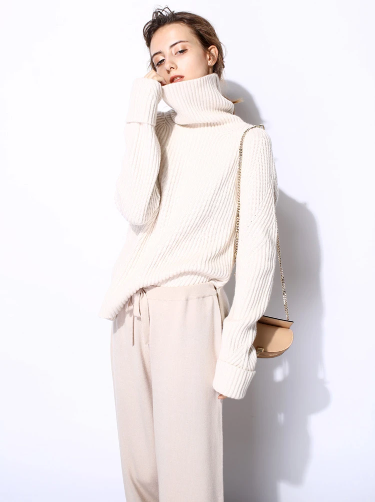 pure goat cashmere women's fashion pullover sweater irregular long turtleneck loose languid casual style solid color S/M/L | Женская