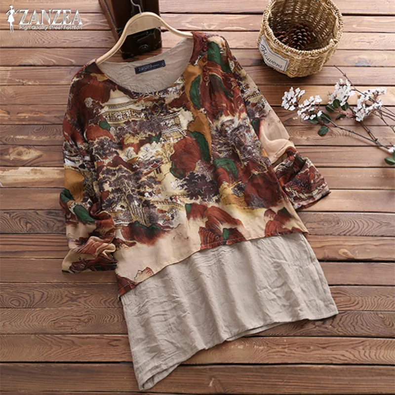 Кафтан Печатные Топы женские асимметричные блузки ZANZEA размера плюс Blusa Винтажная футболка с длинным рукавом Женская сорочка с круглым вырезом