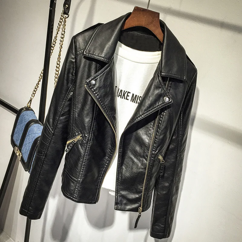 

VOLALO Black PU Leather Jacket Women Cool Slim Short Motorcycle Jackets Female Autumn Coat Basic Street Outerwear
