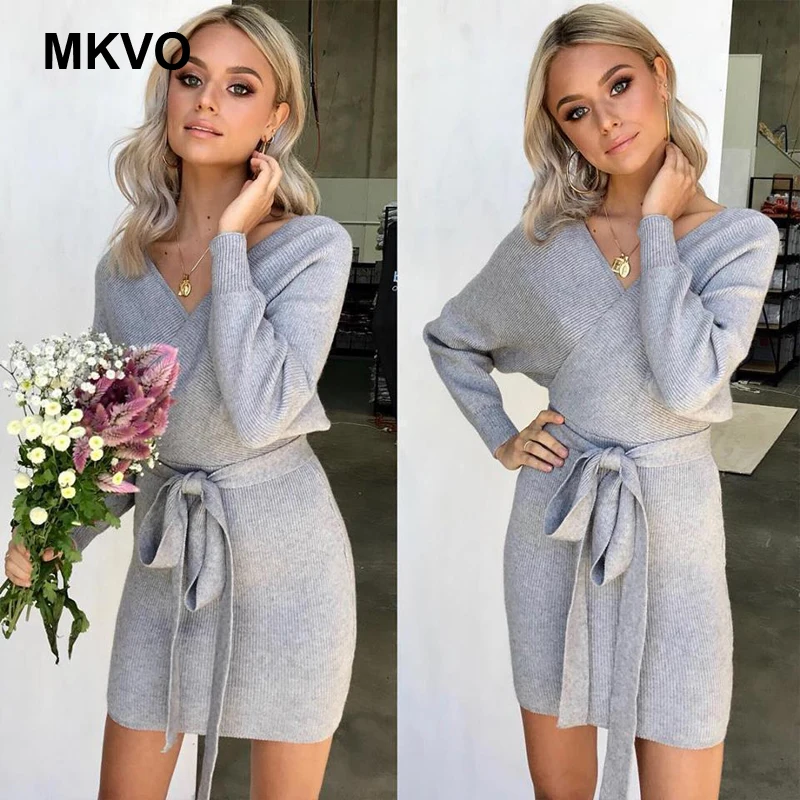Новое Женское платье 2019 трикотажное мини повязка зимнее с v образным вырезом