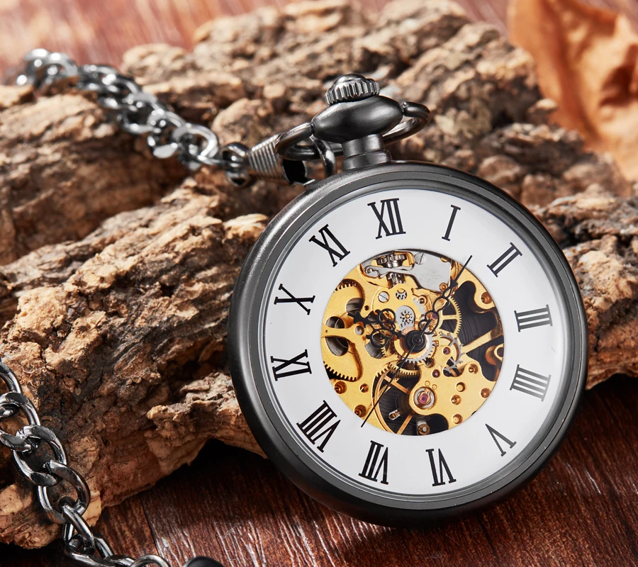 

Hot Sale Hand Winding Pocket Watches Antique Luxury Brand Fashion Unique Transparent Mechanical Pocket Watch Fob Chain Male