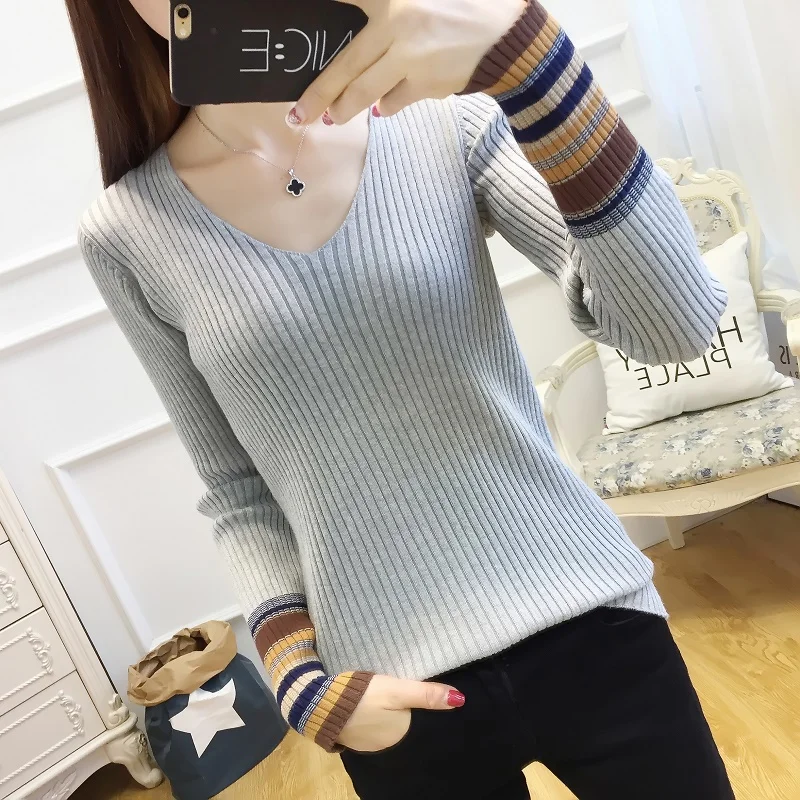 Новый черный трикотажный джемпер с v-образным вырезом женский тонкий свитер