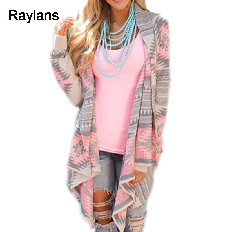 Raylans 2017 Women Irregular Geometric Printed Cardigan Open Front Loose Sweaters Jumper Outwear Coat Tops |