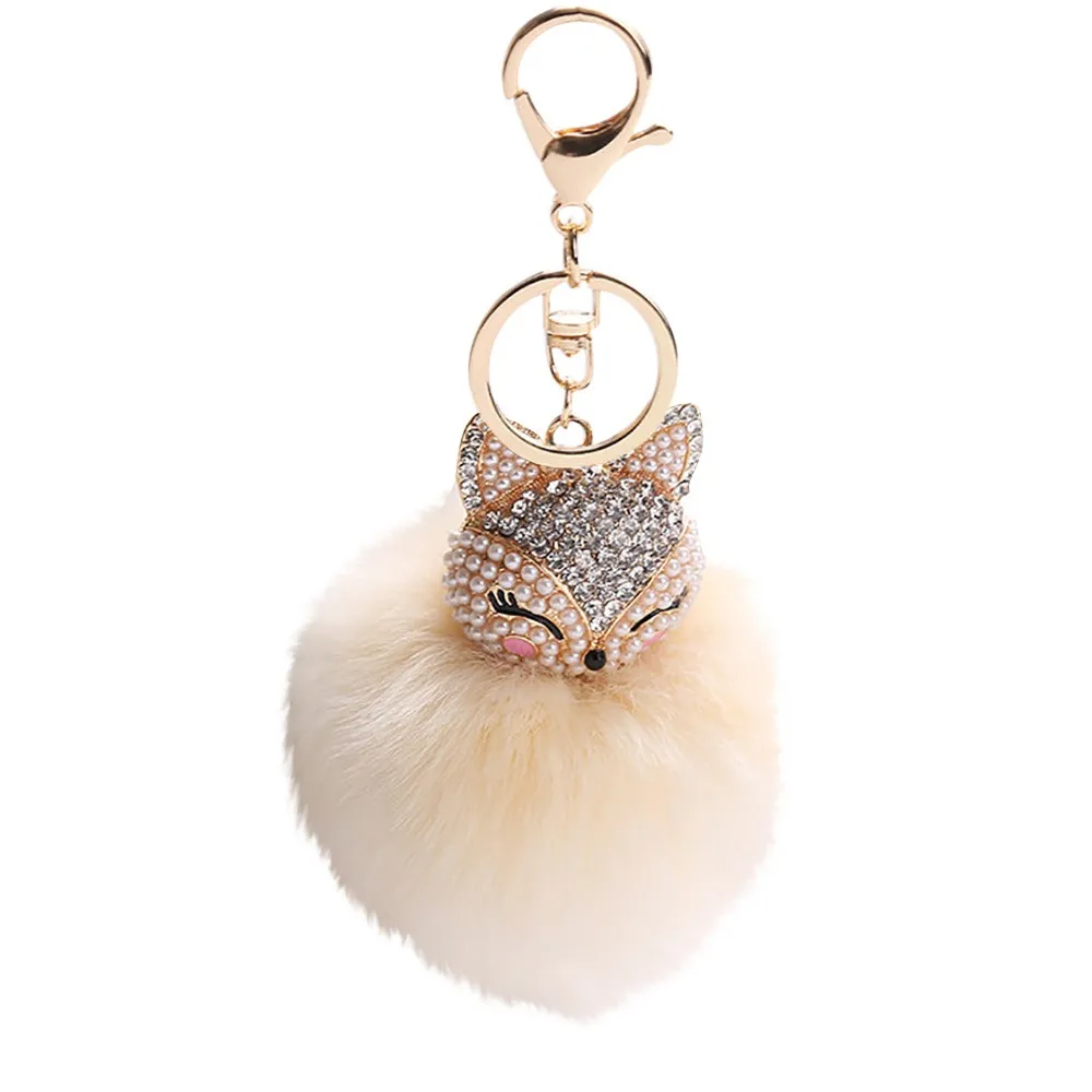 Faux Rabbit Fur Pompoms Keychain 8CM Fox Ball With Artificial Head Inlay Pearl Rhinestone Key Chains Trinket | Украшения и