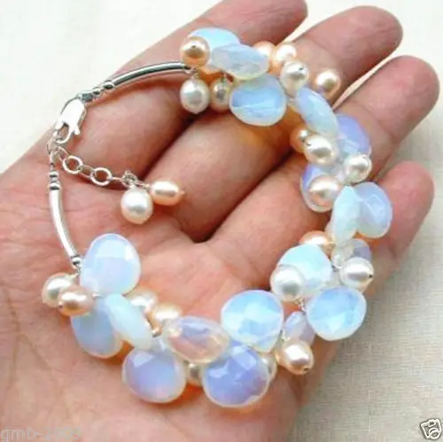 Wyan Модный ручной огненный опал Опалит браслет с натуральным розовым жемчугом @ ^