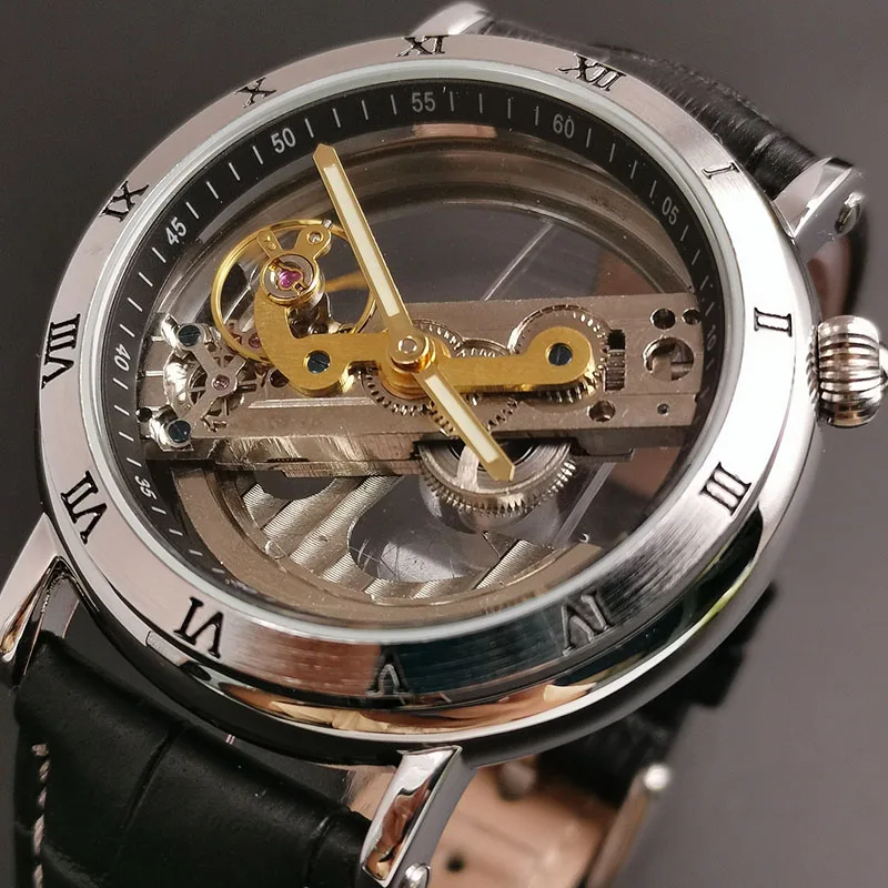 Прозрачные Tourbillion ручной Ветер двухсторонний серебряный корпус механические