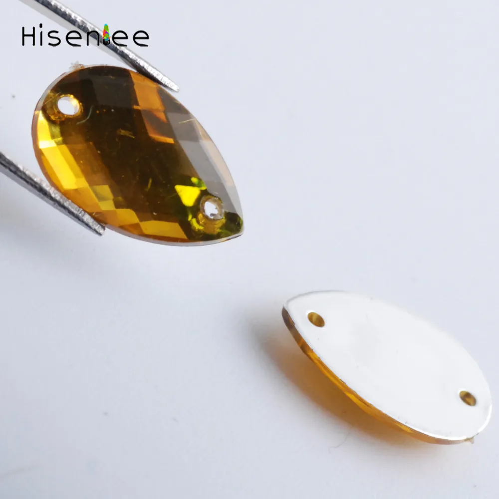 Hisenlee, 100 шт, 8x13 мм, Пришивные прозрачные AB кристаллы, каплевидные, 2 отверстия, плоская задняя сторона, акриловые Стразы для шитья, стразы для украшения своими руками - Цвет: topaz