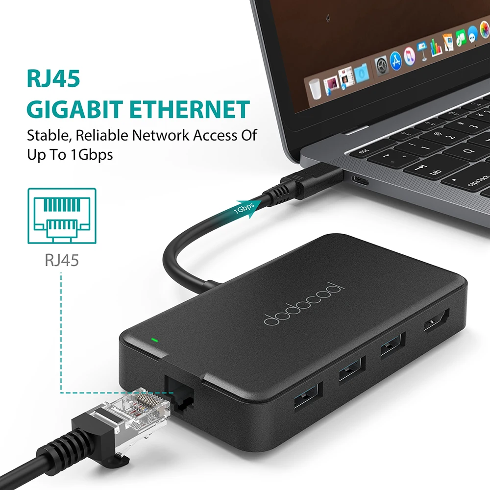 Dodocool 8-в-1 USB-C концентратор Тип-C Мощность доставки RJ-45 Gigabit Ethernet адаптер 4K HD Выход SD/TF карты 3 supurspeed USB 3,0 Порты и разъёмы