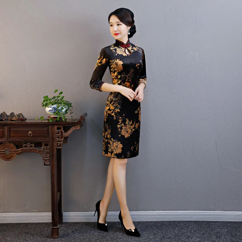 Современный черный цветок Cheongsam Длинные Платья Восточный стиль ожерелье винтажное платье Qi Pao женское традиционное китайское платье Qipao