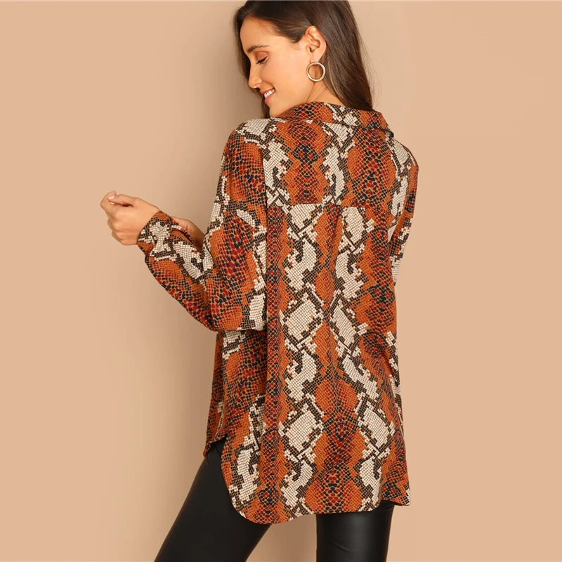 Sheinside Oversized Snake Print Women Blouse Shirt Autumn Long Sleeve Top Female OL Work Casual Womens Tops And Blouses