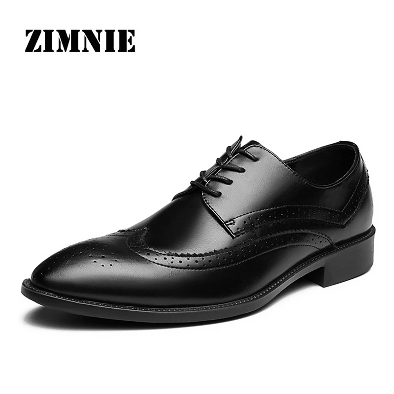 

ZIMNIE Fashion Leather Dress Shoes Men Pointed Brogue Shoes For Men Lace Up Design Luxury Formal Wedding Party Shoes Size 38~47