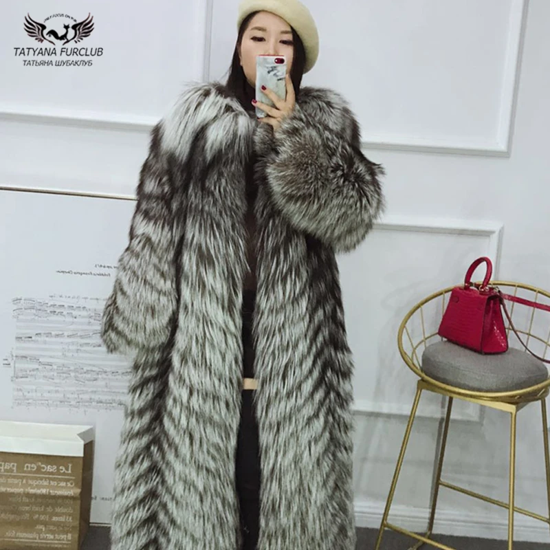 Tatyana Furclub натуральное меховое пальто зимнее для женщин из натурального серебристого лисьего меха пальто с круглым вырезом Меховая куртка Длинная Верхняя одежда Пальто Роскошный топ