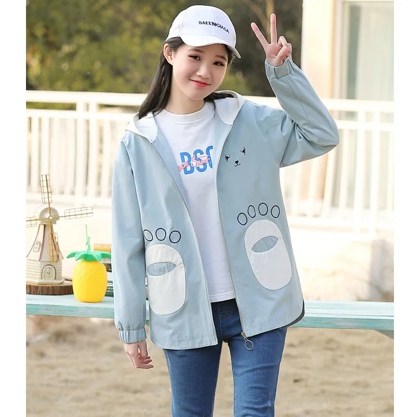 

Embroidery pattern letter print cotton jacket students hooded loose fit coat teenager pockets short outerwear 2019 autumn winter