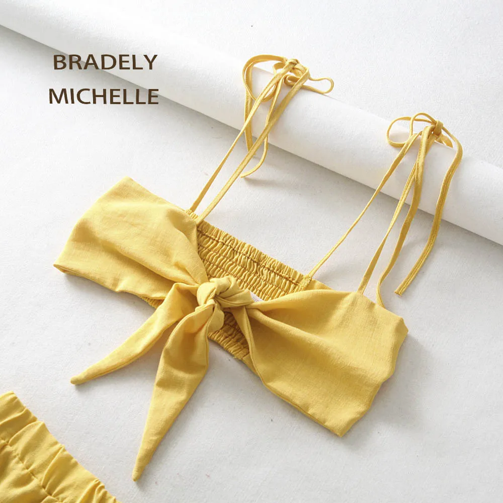 BRADELY MICHELLE, Модный женский комплект из двух предметов, топ и штаны, летняя одежда, укороченный Топ без бретелек и повседневные шорты с оборками