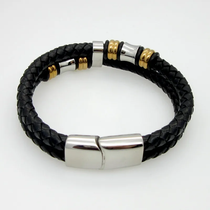 Лидер продаж классический двойной слой ручной работы из натуральной кожи Плетеные мужские браслеты мода магнит застежка хороший стальной браслет