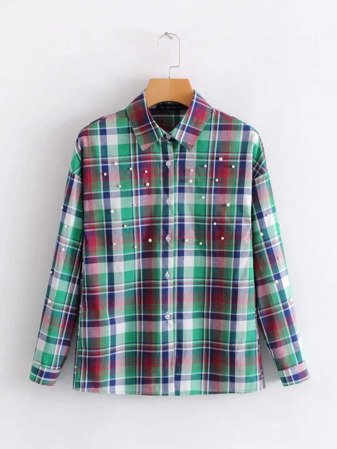 2018 г. Новый Ретро Для женщин зеленые клетчатые бисером блузка хлопок с длинными