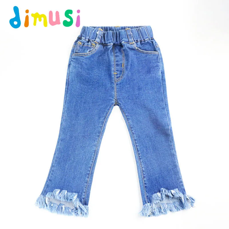 

DIMUSI рваные джинсы для девочек, детские хлопковые длинные джинсы с бахромой, Повседневная Верхняя одежда для малышей, брюки-клеш, EA014