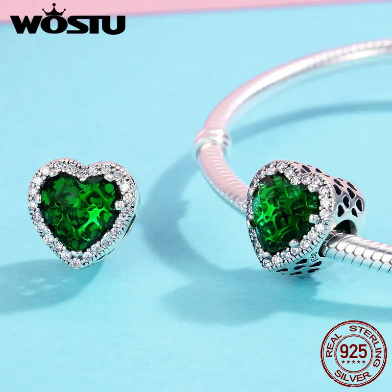 WOSTU 100% 925 пробы серебро Ослепительная Лучистая зеленая в форме сердца Шарм Бусины