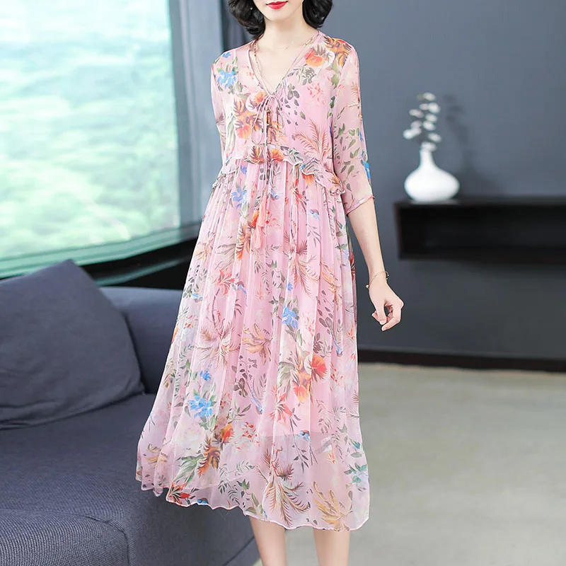 Элегантное шифоновое женское длинное платье с оборками и цветочным принтом