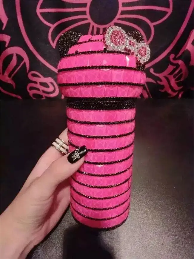 300ml rose red-black Милый Кот инкрустированный бриллиантами Термокружка для воды - Цвет: 300ml rose red-black