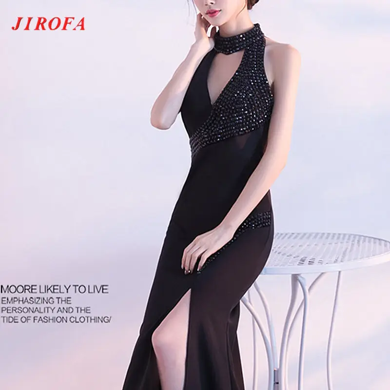 JIROFA Vestidos Verano, вечернее платье, труба, бисер, бодикон, Холтер, v-образный вырез, длинное, макси, сексуальное платье, вечерние, для ночного клуба, женское платье - Цвет: Black
