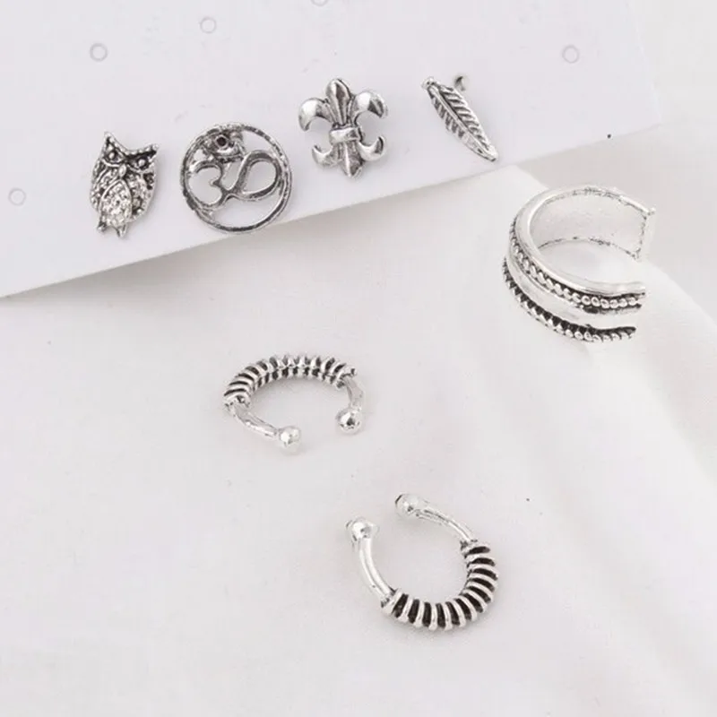 Fashion 7PCS Boho Earrings Set Feather Buddha Owl Leaves Moon Ancient Silver Color Stud Earring Ear Cuff Vintage Beach Jewelry | Украшения