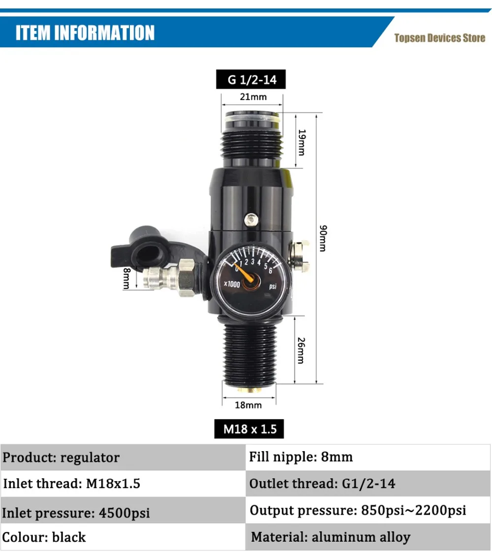 PCP Пейнтбол ВВС HPA Регулятор цилиндра M18x1.5 CF бак клапан 850psi 1500psi 1800psi 2200psi выход 4500psi давление на входе
