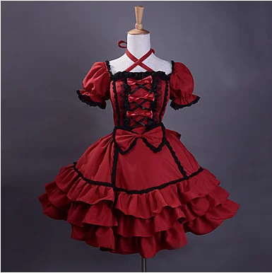 Short Sleeve Knee-length Wine Red Cotton Black Trim Gothic Lolita Dress