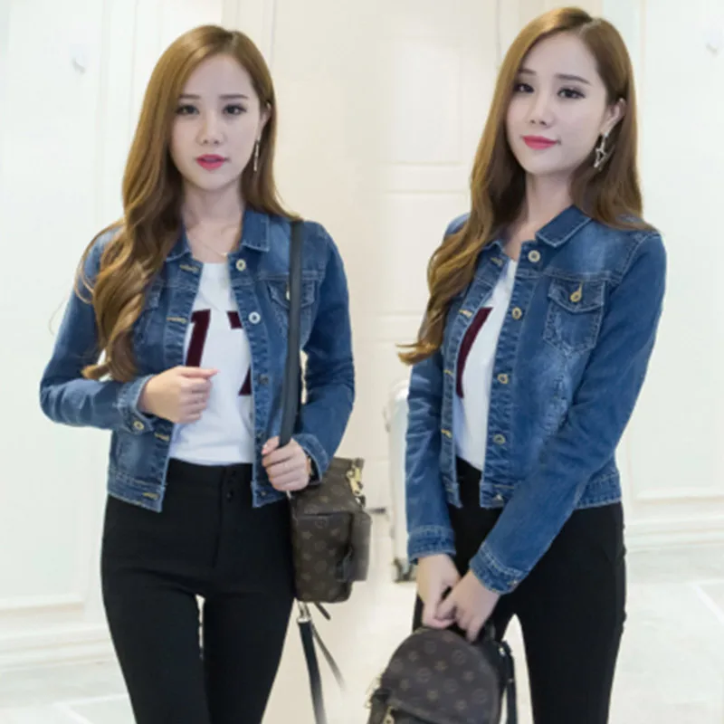 Короткие джинсовые куртки женские винтажные с длинным рукавом повседневное