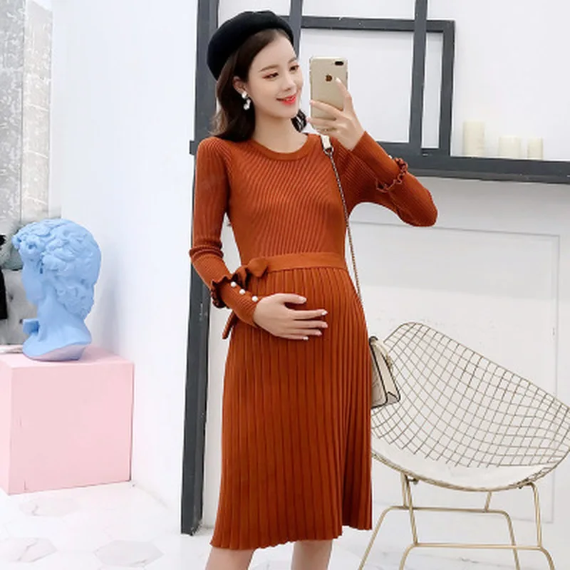 Осенне зимнее платье для беременных Элегантное трикотажное с оборками Одежда
