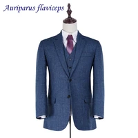 High Quality Blue Herringbone Wool Suits Plaid Men suits Tailored Suit Business Blazer Suits For Men(Jacket+Pants+Vest)