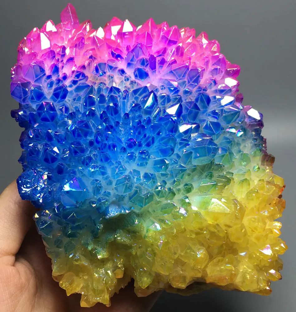 

776 г, много цветов, кварцевый кристалл Aura, титановый висмут, силиконовый кластер, радужные кристаллы, лечебные камни