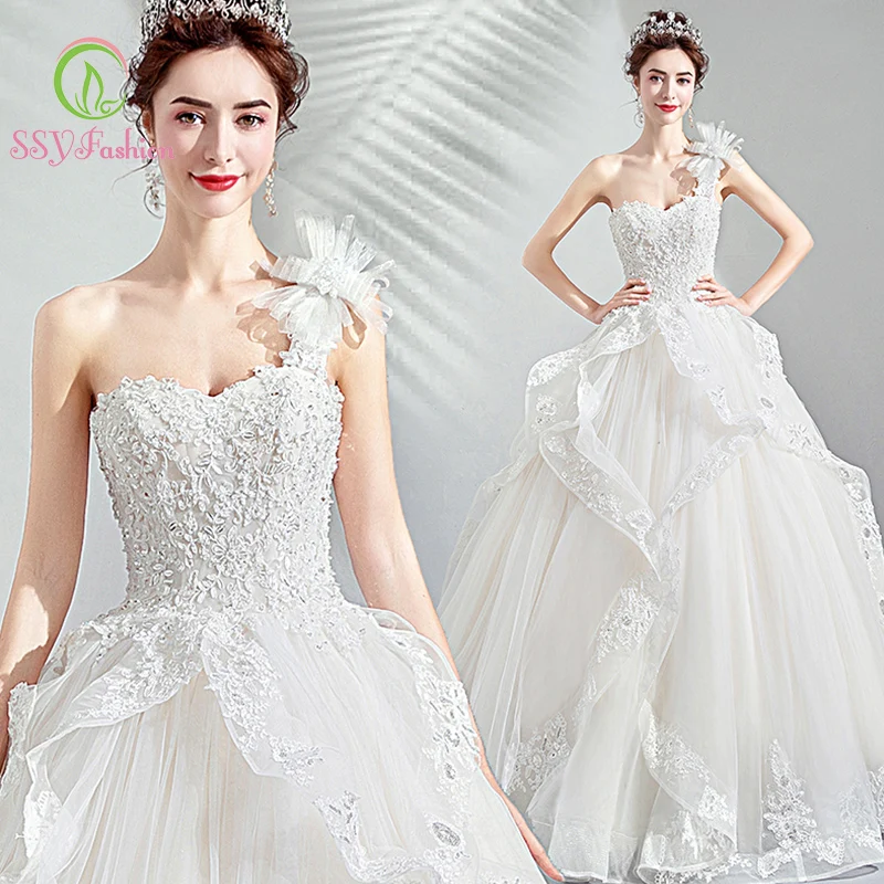 

Женское свадебное платье SSYfashion, Белое Бальное Платье до пола на одно плечо со шнуровкой и аппликацией